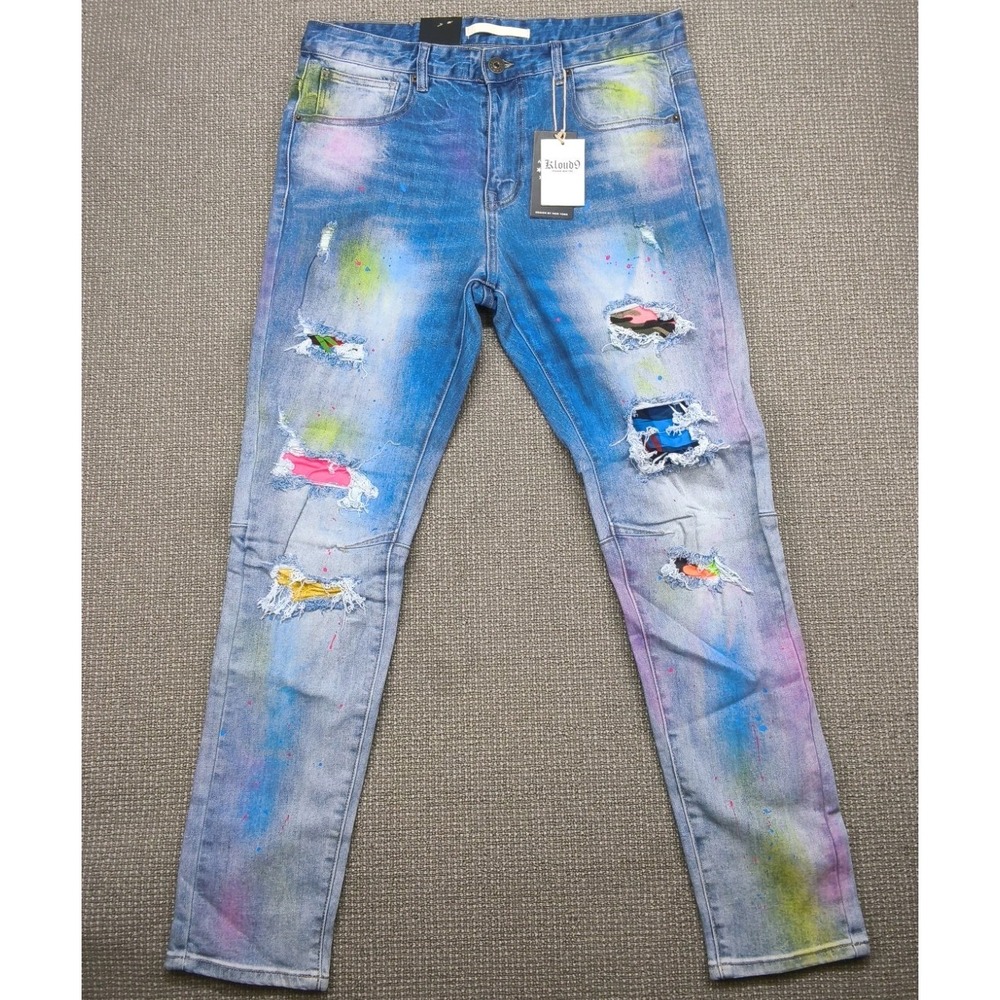 NWT Kloud9 Men's Distressed Paint Splatter R&P Slim Straight Jeans 36x32